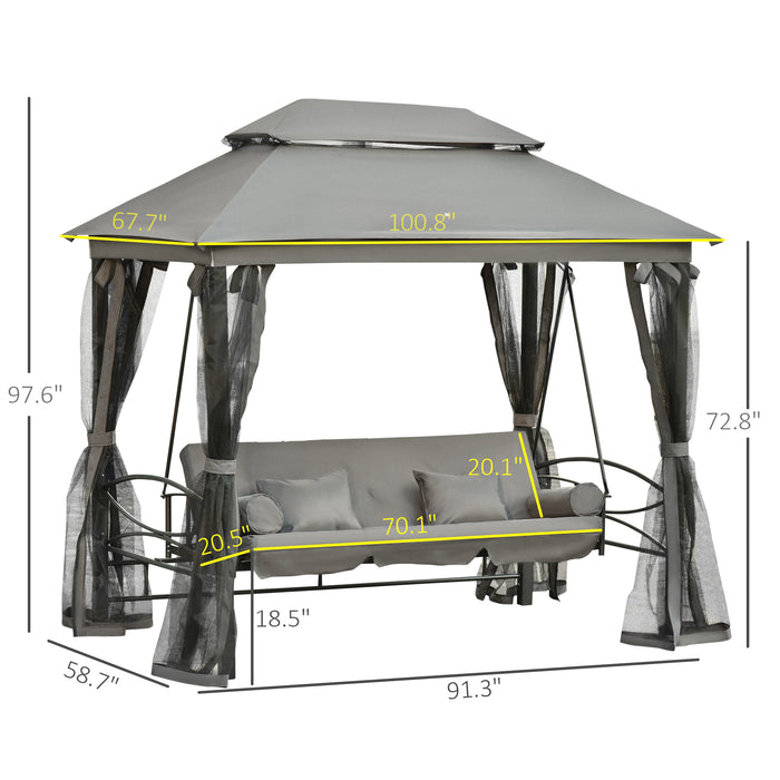 Outsunny Patio Swing Chair 3 Person Gazebo Design with Double Tier Canopy Cushioned Seat Mesh Sidewalls in Gray