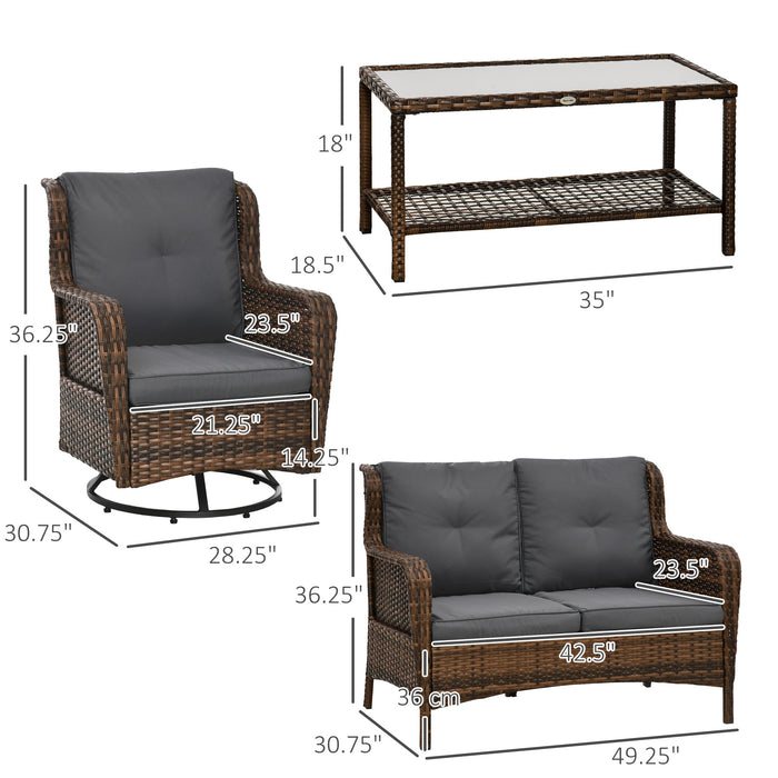 4 Piece Rattan Couch, with 2 Swivel Rocking Chairs, 2-Tier Glass Table and Sofa, All-Weather PE Set for Garden, Patio, Gray