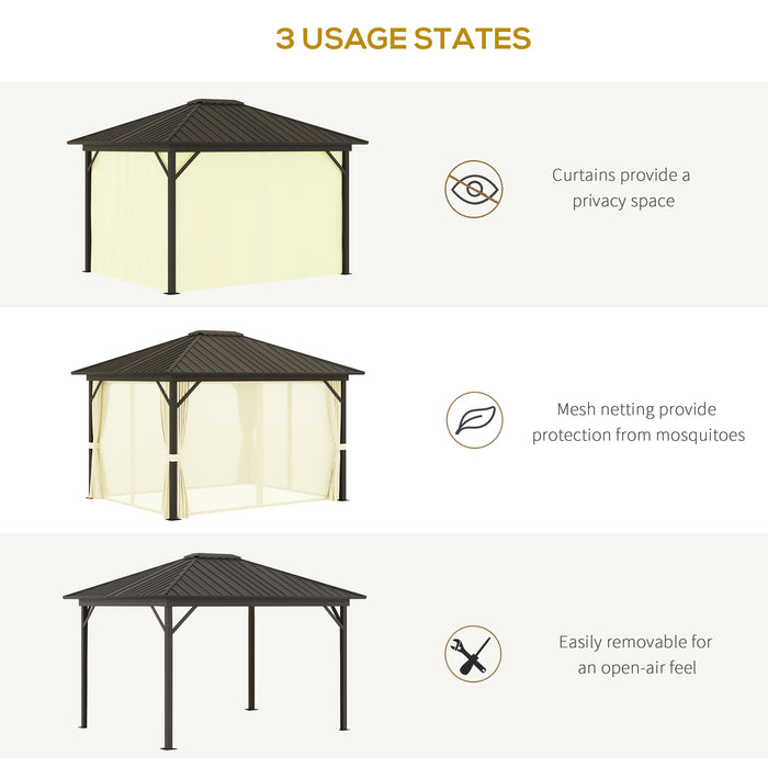 Cream Hardtop Gazebo: 11.9'x9.8' Metal Roof Canopy with Curtains & Netting Top