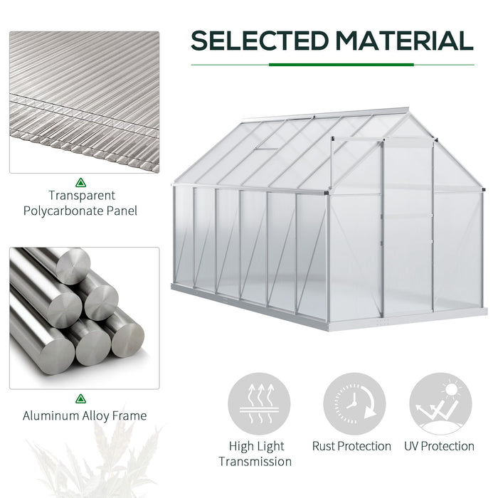 12' x 6' Aluminum Greenhouse, Polycarbonate Walk-in Garden Greenhouse Kit with Adjustable Roof Vent, Rain Gutter and Sliding Door, Silver