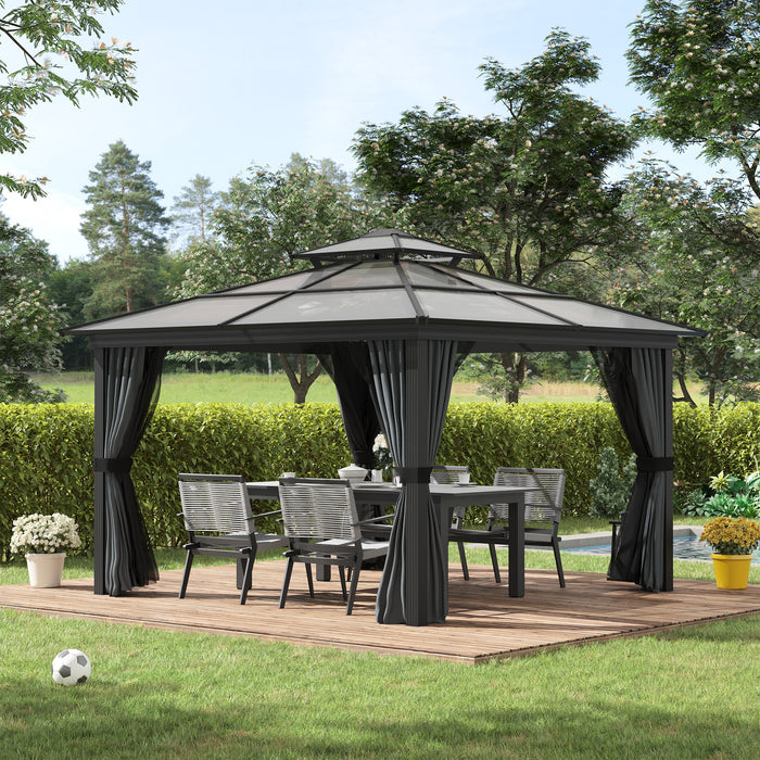 10x10 Aluminum Hardtop Gazebo Outdoor Shelter with Polycarbonate Canopy Curtains Netting Black