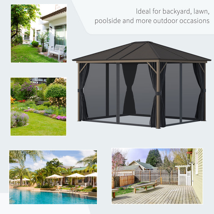 Alfresco Aluminum Haven: 10'x12' Hardtop Gazebo with Dark Grey Frame, Curtain Netting for Gardens