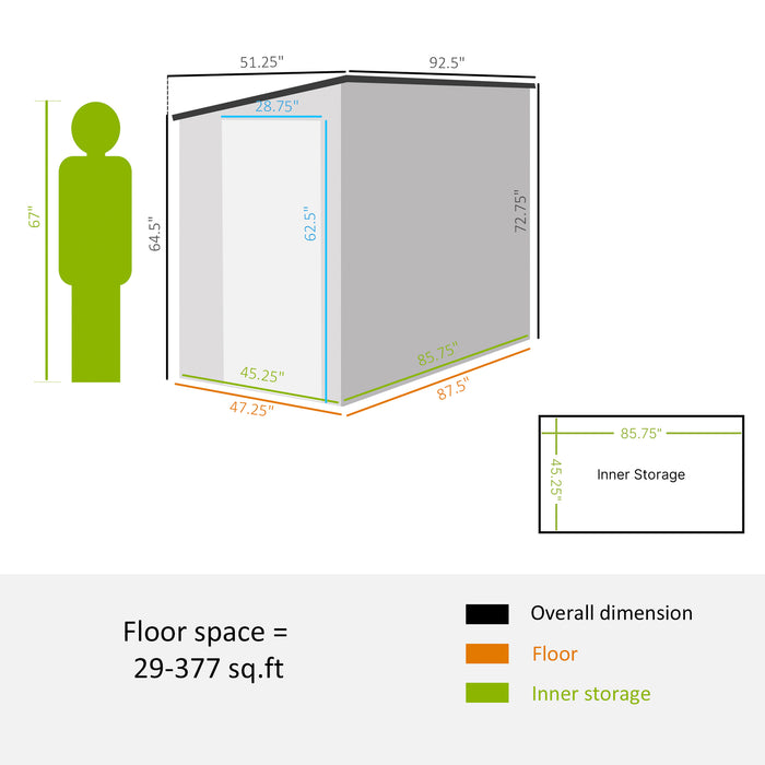 4' x 8' Lean to Garden Storage Shed, Outdoor Metal Tool House with Lockable Door Vents for Backyard Patio Lawn, Gray