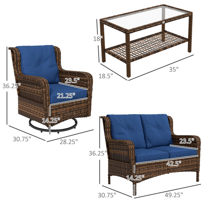 4 Piece Rattan Patio Furniture Set, Conversation Set with Swivel Rocking Chairs, Table & Loveseat for Garden, Patio, Blue