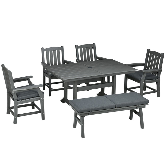 6 Pieces Patio Dining Set, 6 Seater Outdoor Table and Chairs Loveseat with Umbrella Hole, Cushions, for Poolside, Backyard, Dark Gray