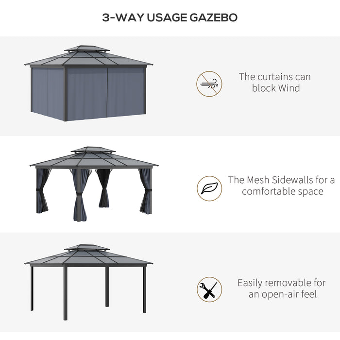 10x12 Black Aluminum Hardtop Gazebo with Polycarbonate Canopy Curtains Netting for Outdoor Use