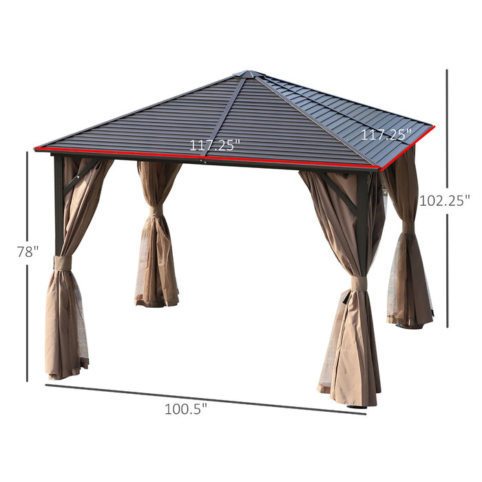 10x10 Hardtop Gazebo with Aluminum Frame, Permanent Metal Roof Gazebo Canopy with Curtains and Netting for Garden, Patio, Backyard, Brown