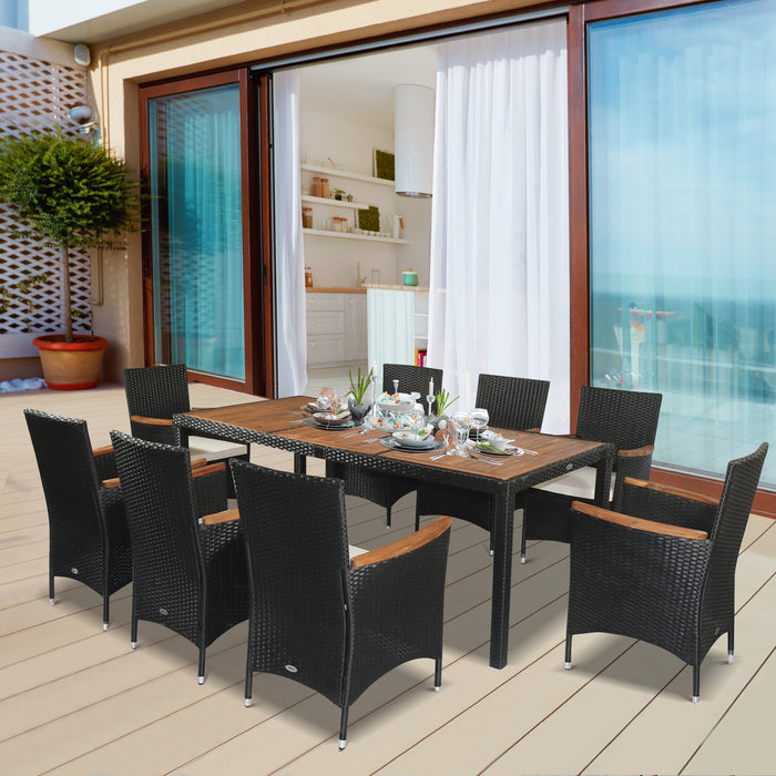 Alfresco Elegance - 9PC Rattan & Acacia Dining Set with Waterproof Cushions & Stackable Chairs