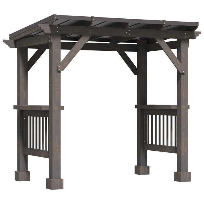 8.5 x 5.5ft Wooden Grill Gazebo Outdoor BBQ with Bar Counters, Hardtop Barbecue Pergola with Steel Pent Roof for Patio, Backyard, Poolside