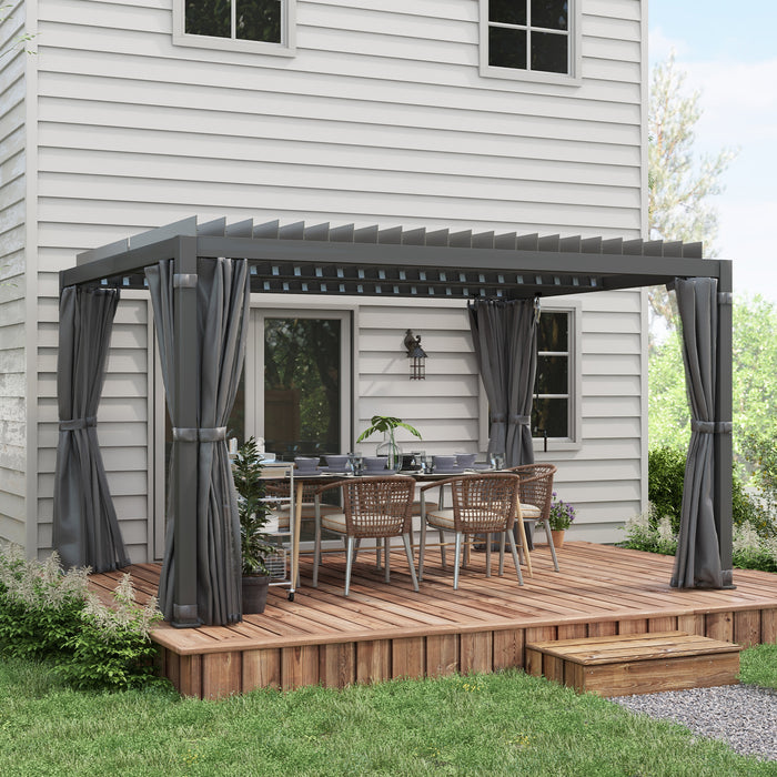 13' x 10' Outdoor Retractable Pergola w/ Sun Shade Aluminum Louvered Top, Pergola w/ Canopy, Curtains & Netting, Gray