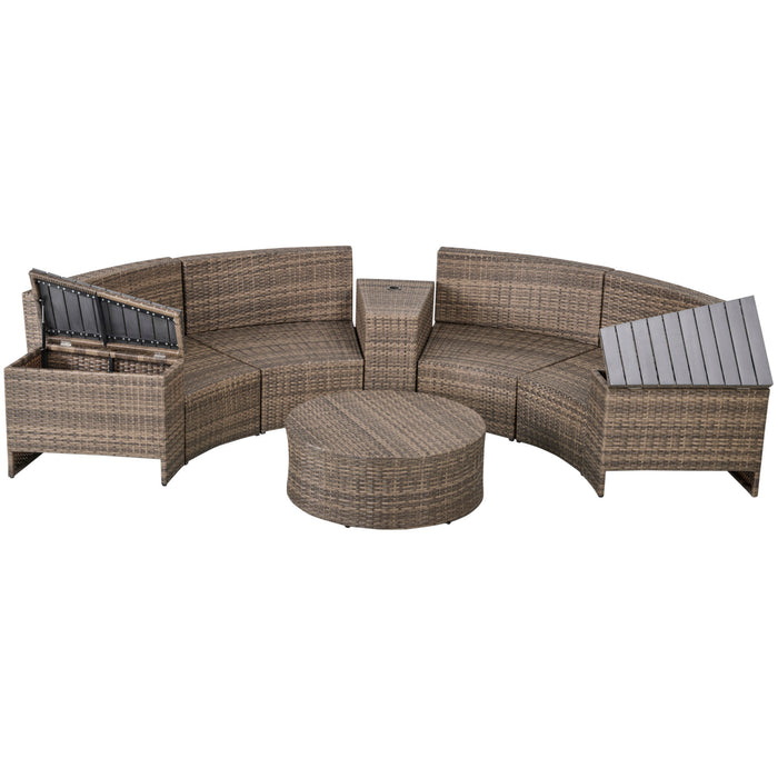 8 Piece Outdoor Rattan Sofa, Half Round Patio Furniture Set with Side Tables, Umbrella Hole, and Cushions, Mixed Grey