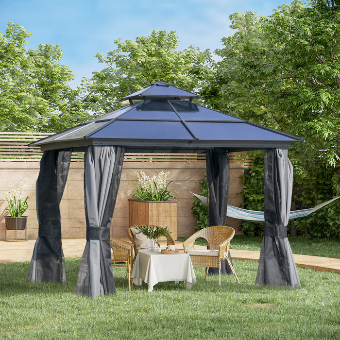 10' x 10' Hardtop Gazebo with Aluminum Frame, Polycarbonate Gazebo Canopy with Curtains, Netting for Garden, Patio, Backyard, Gray