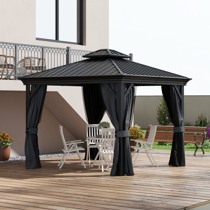 10x12 ft Hardtop Gazebo Pavilion Double Roof Aluminum Frame Sidewalls Dark Gray