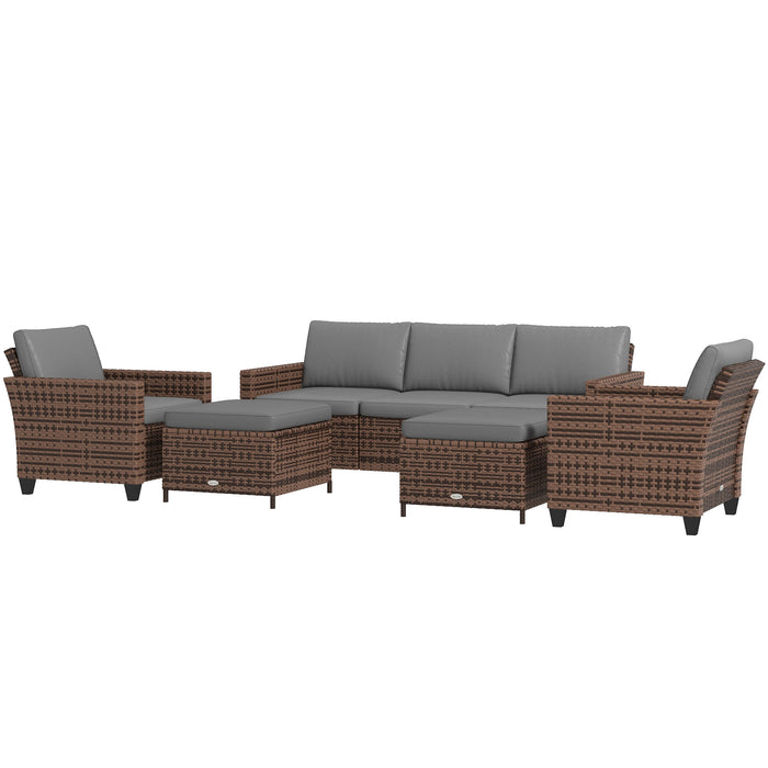 5-Piece Patio Furniture Set with PE Rattan Three-Seater Sofa, Armchairs, Footstools, Cushions, Mixed Brown