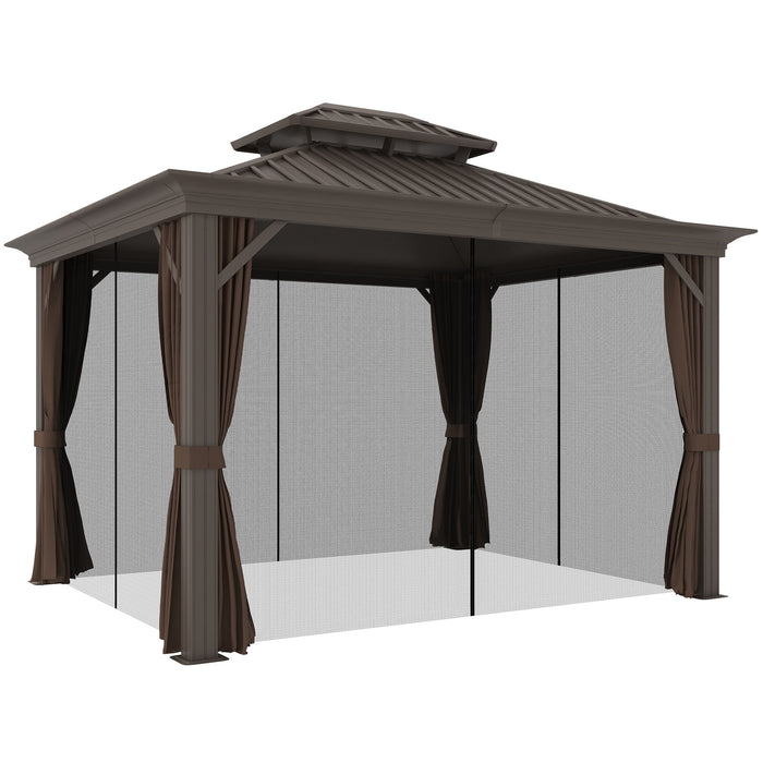 Hardtop Gazebo 10x12, Metal Roof Gazebo Canopy with Curtains and Netting, Aluminum Frame for Gardens, Patios, Backyards, Brown