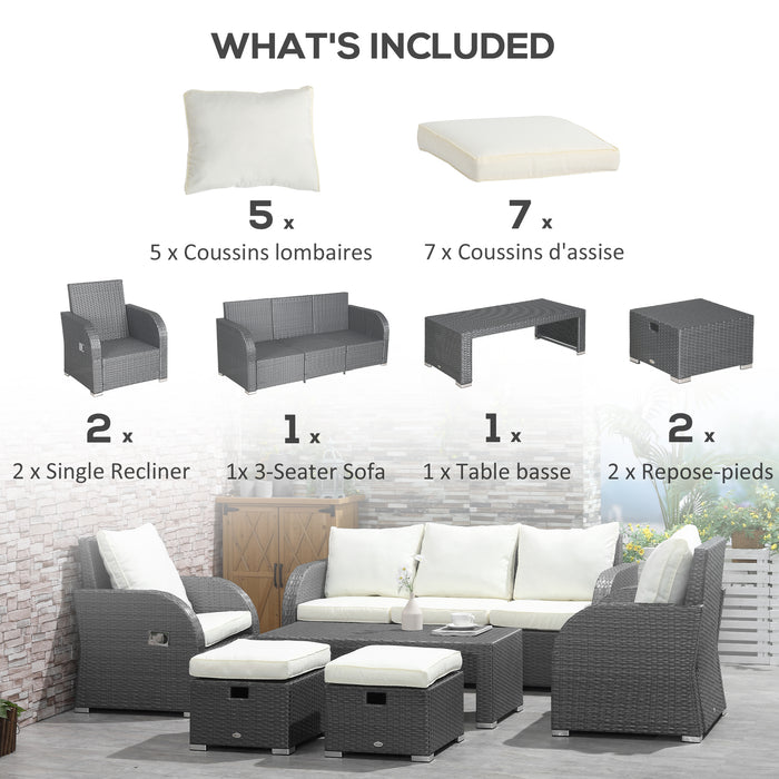 6-Piece Outdoor Rattan Sectional Sofa Set 3-Seat Couch 2 Recliners Ottoman Coffee Table Off-white