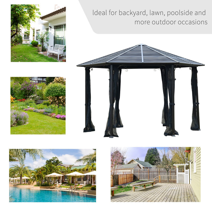 13' x 13' Steel Hexagonal Gazebo Canopy Heavy Duty Outdoor Pavilion with Aluminum Alloy Frame, Netting Sidewalls, Black