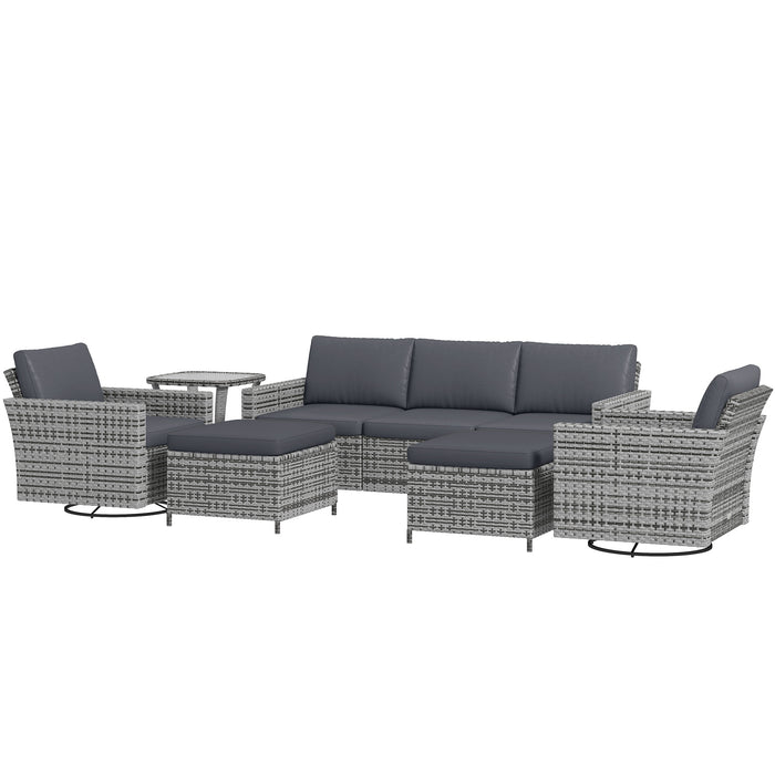 Outsunny Wicker Wonder - 6PC Outdoor Ensemble with Cozy Sofa, Swivel Rockers & Ottomans in Mixed Gray