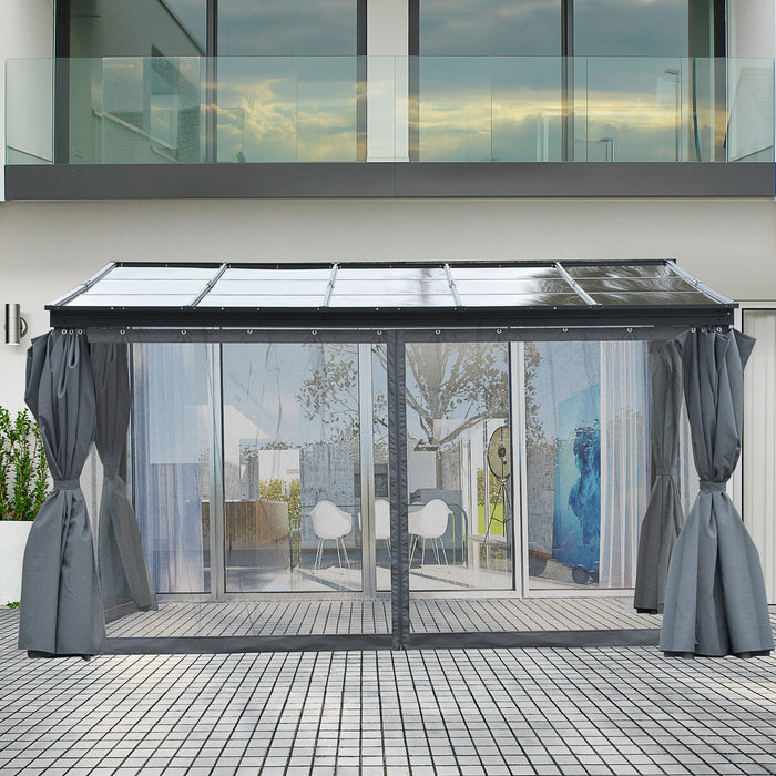 13' x 9.5' x 8' Outdoor Pergola PC Roof Gazebo Party Tent Garden Sun Shelter Waterproof and UV protection with Curtains, Netting, Grey