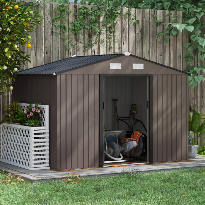 Outsunny Outdoor Shed Garden Storage Shed, Tool Storage Building with 4 Vents and 2 Sliding Doors for Garden Patio Lawn, 9' x 6', Brown