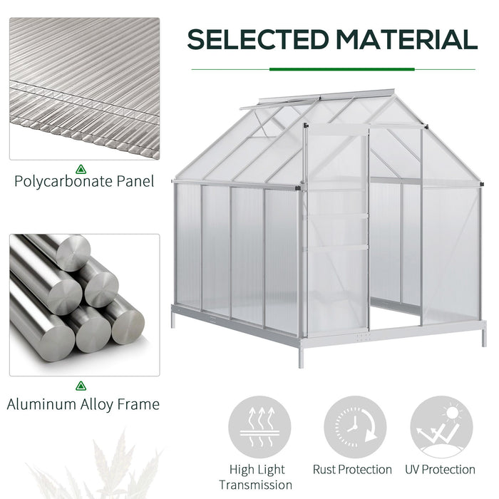 8' x 6' Aluminum Greenhouse Polycarbonate Walk-in Garden Greenhouse Kit with Adjustable Roof Vent, Rain Gutter and Sliding Door for Winter