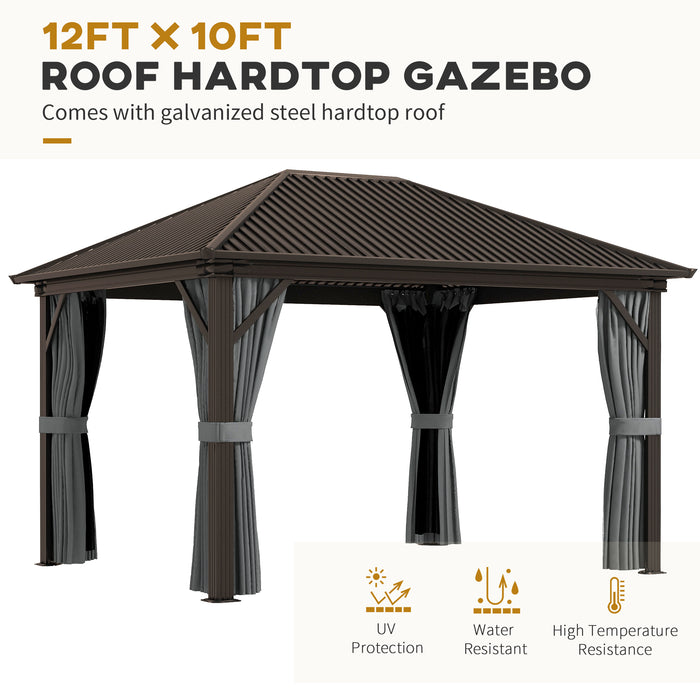 10' x 12' Hardtop Gazebo with Galvanized Steel Roof, Metal Canopy with Top Hook, Netting and Curtains, Dark Gray