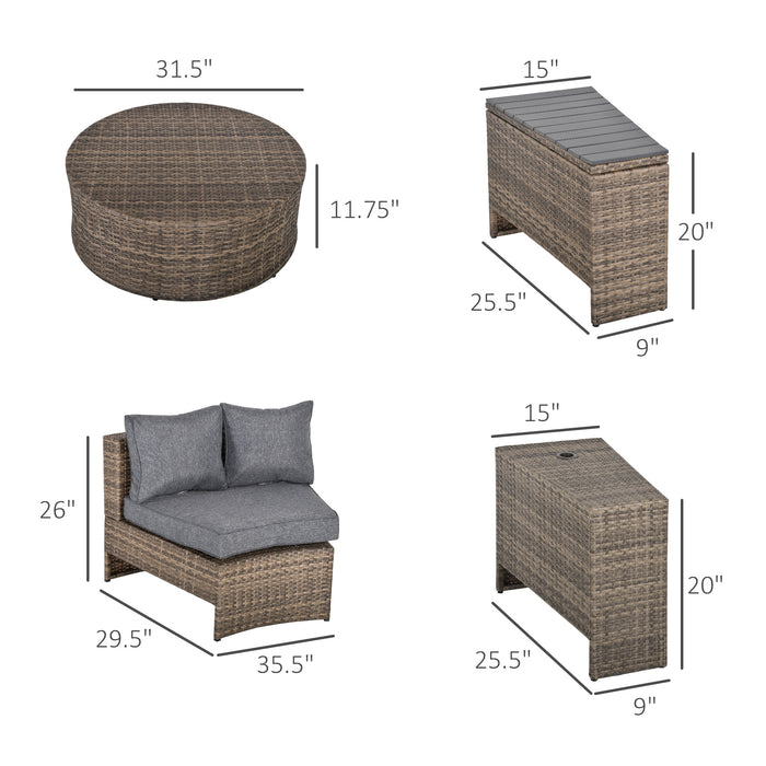 8 Piece Outdoor Rattan Sofa, Half Round Patio Furniture Set with Side Tables, Umbrella Hole, and Cushions, Mixed Grey