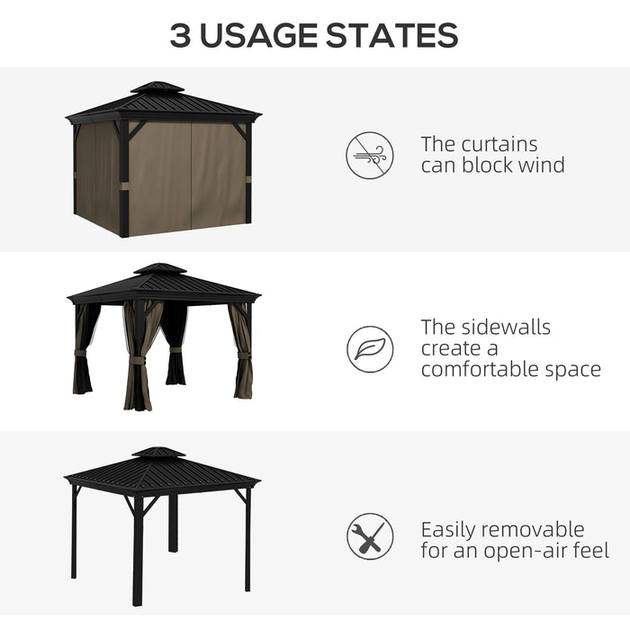 10x10 Gazebo Hardtop, with Curtains, Nettings, Metal Double Roof, Aluminum Frame and Hooks, for Garden, Patio, Dark Brown