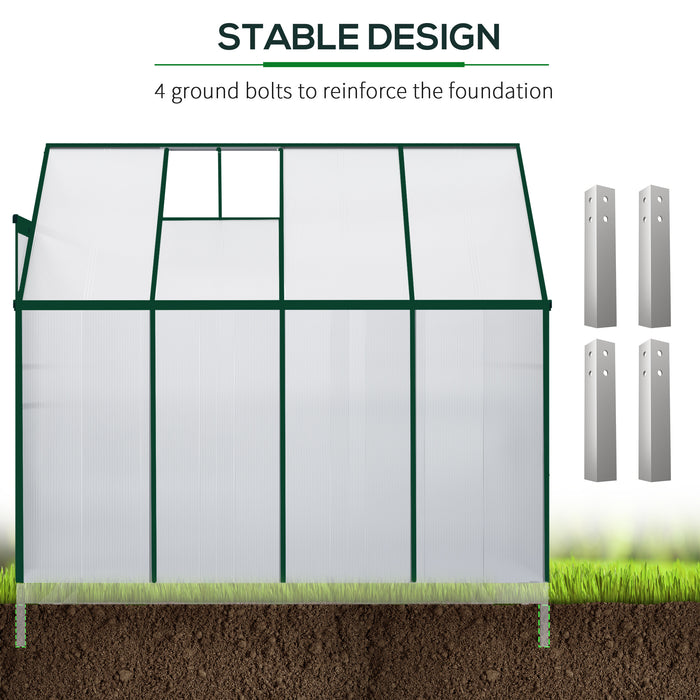 Outsunny Walk-In Garden Greenhouse Aluminum Polycarbonate with Roof Vent for Plants Herbs Vegetables 8' x 4' x 7' Green