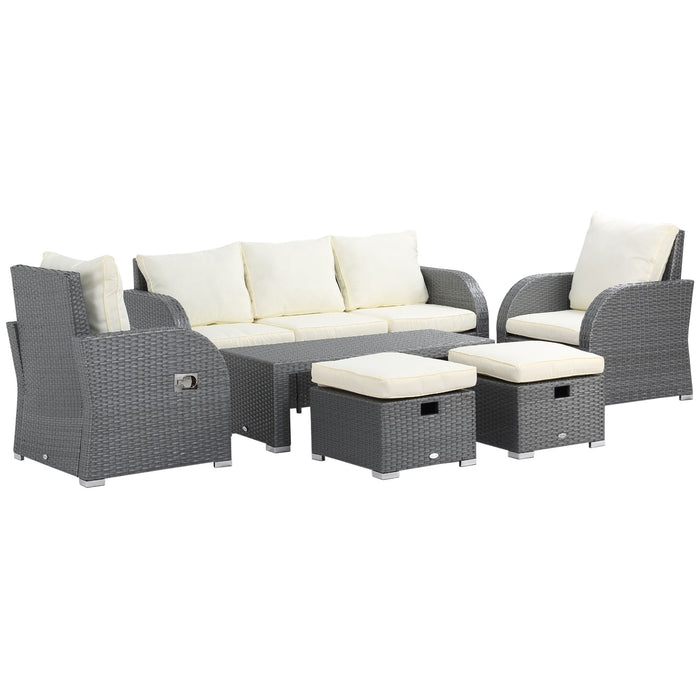 6-Piece Outdoor Rattan Sectional Sofa Set 3-Seat Couch 2 Recliners Ottoman Coffee Table Off-white