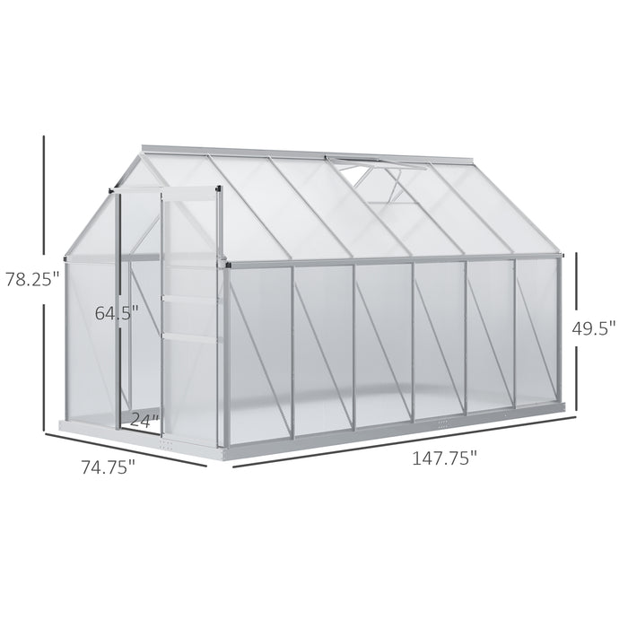 12' x 6' Aluminum Greenhouse, Polycarbonate Walk-in Garden Greenhouse Kit with Adjustable Roof Vent, Rain Gutter and Sliding Door, Silver