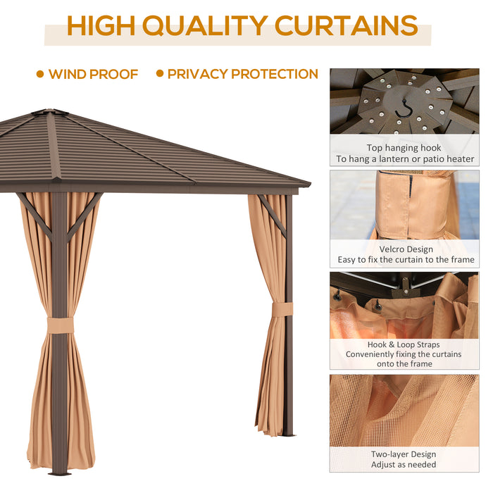 10x10 Hardtop Gazebo with Aluminum Frame, Permanent Metal Roof Gazebo Canopy with Curtains and Netting for Garden, Light Brown