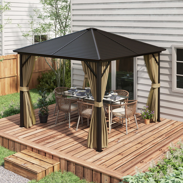 10' x 10' Hardtop Gazebo Canopy w/ Galvanized Steel Roof, Aluminum Frame, Outdoor Gazebo w/ Hook, Netting & Curtains for Patio, Garden, Brown