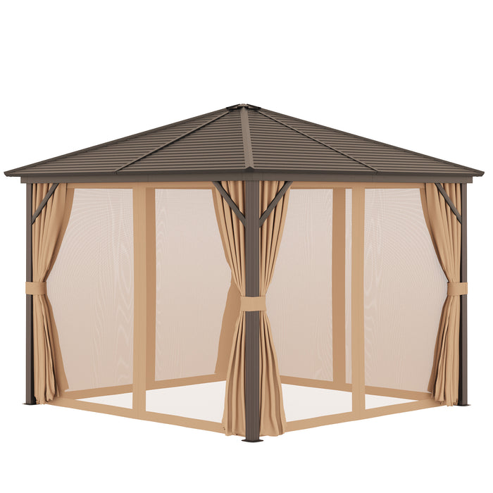 10x10 Hardtop Gazebo with Aluminum Frame, Permanent Metal Roof Gazebo Canopy with Curtains and Netting for Garden, Light Brown