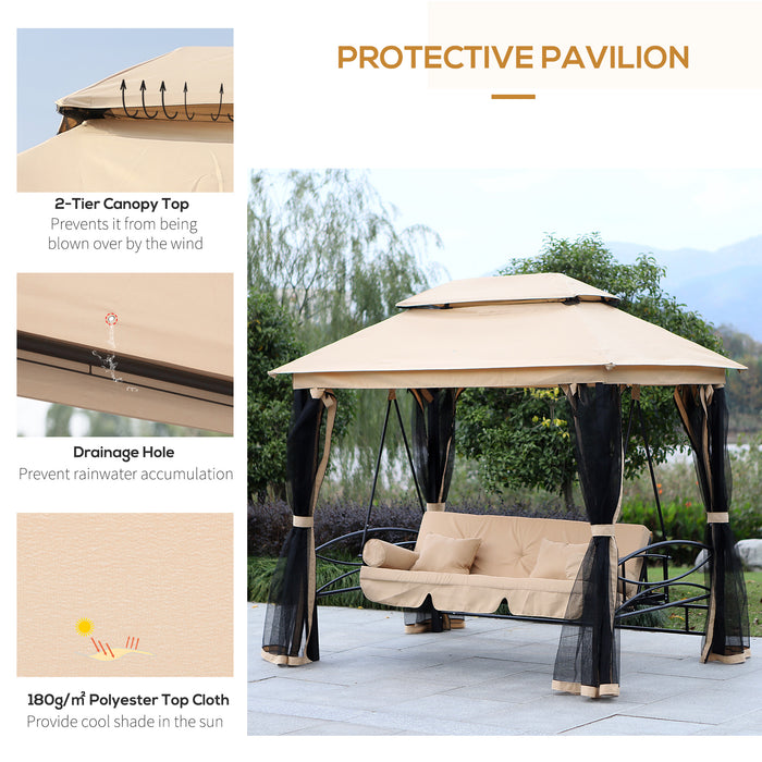 3 Person Patio Swing Chair, Gazebo Swing with Double Tier Canopy, Cushioned Seat, Mesh Sidewalls, Beige