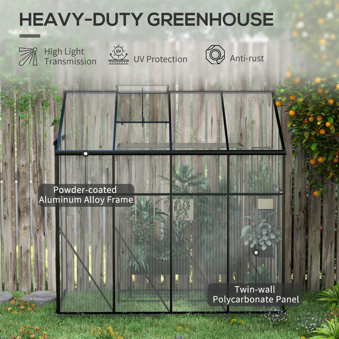 8' x 4' Walk-in Polycarbonate Greenhouse Lean-to Aluminum Green House with Rain Gutter and Foundation, Black