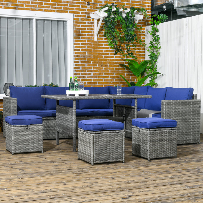 7-Piece Rattan Patio Set L-Shaped Sectional Sofa Outdoor with Cushions Storage Dark Blue