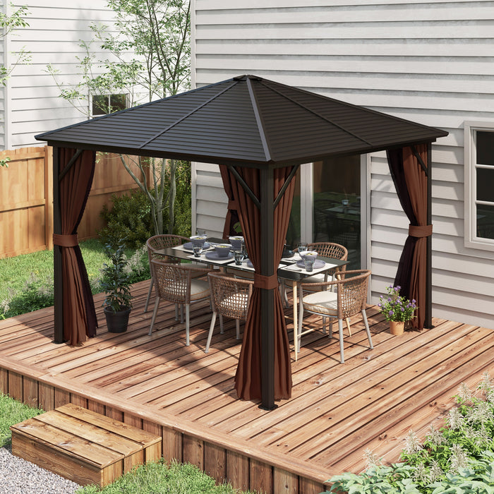 10' x 10' Hardtop Gazebo Canopy, Permanent Pavilion with Hook, Curtains, Aluminum Frame for Patio, Garden, Dark Brown