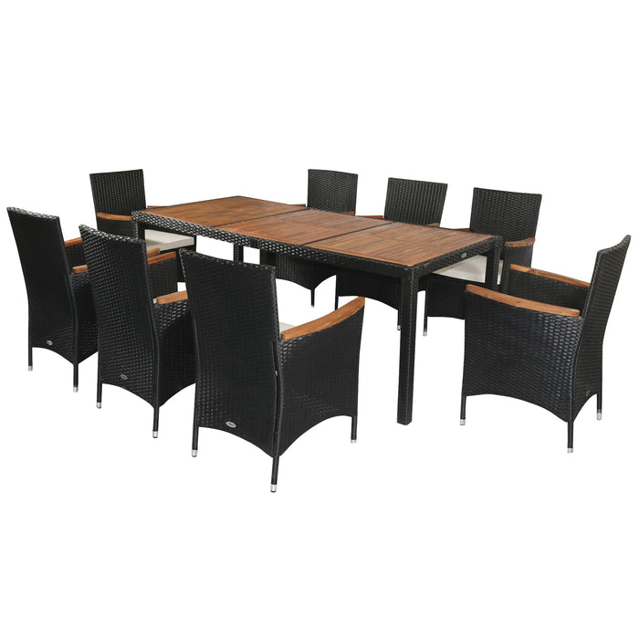 Alfresco Elegance - 9PC Rattan & Acacia Dining Set with Waterproof Cushions & Stackable Chairs