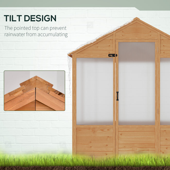 6' x 4' x 7' Polycarbonate Greenhouse, Walk-in Green House, Wooden Hot House with Door, Natural