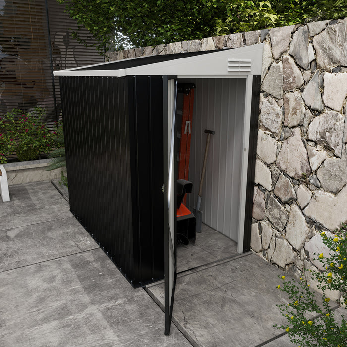 Lean-To Garden Storage Shed: 4x6ft Metal Construction with Lockable Door, Vents for Tools