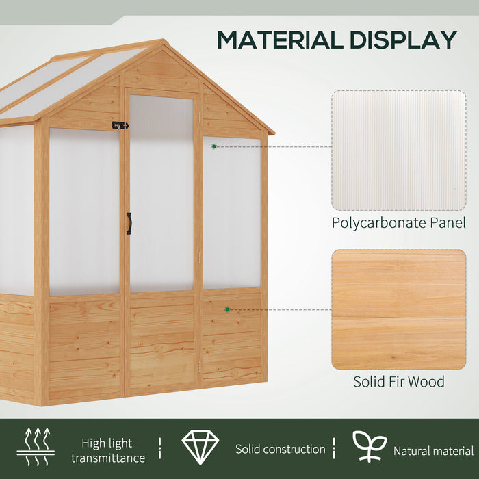 6' x 4' x 7' Polycarbonate Greenhouse, Walk-in Green House, Wooden Hot House with Door, Natural