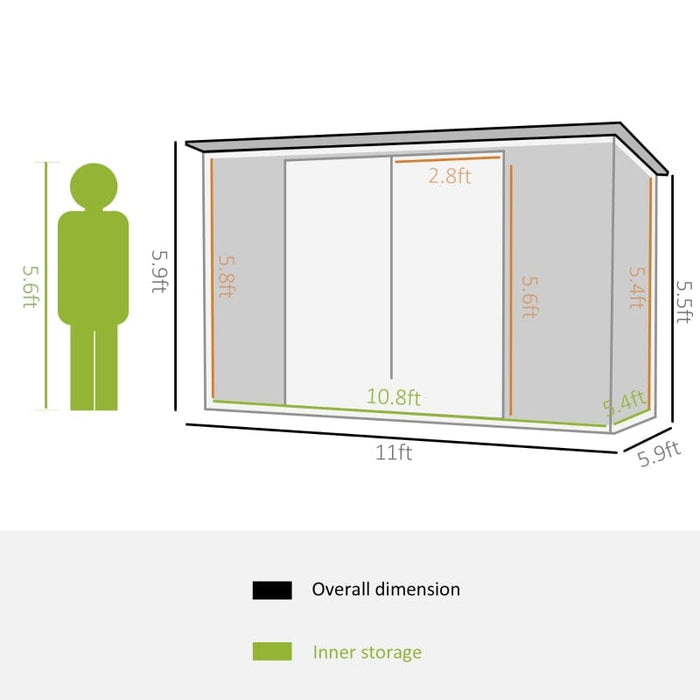 11' x 6' x 6' Steel Garden Storage Shed - 845-680GY