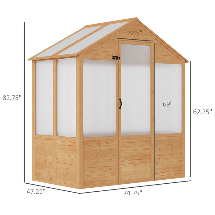 6' x 4' x 7' Polycarbonate Greenhouse, Walk-in Green House, Wooden Hot House with Door, Natural