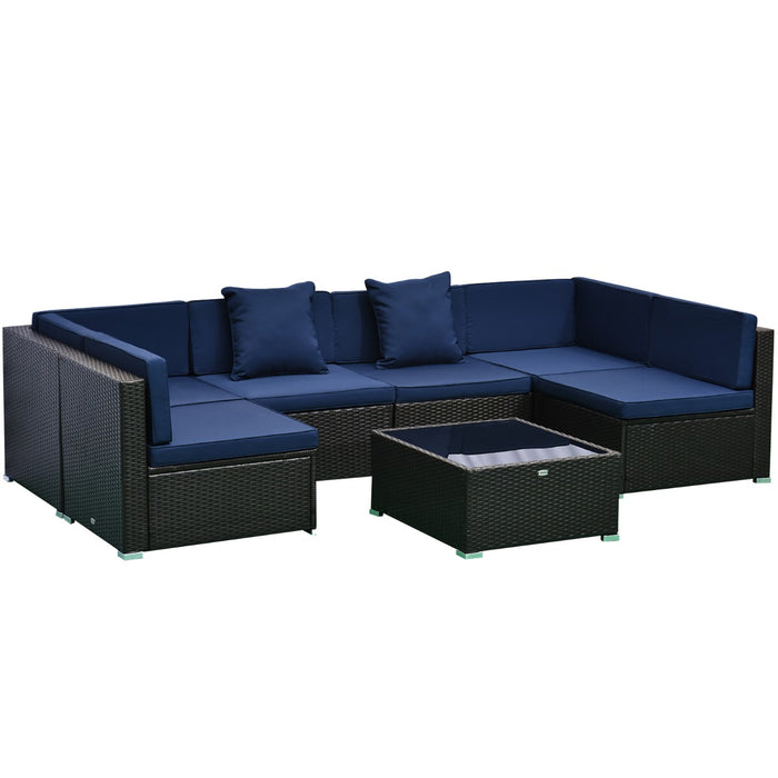 7 Piece Modern Rattan Wicker Garden Outdoor Furniture Modular Sectional Patio Set - Dark Coffee/Blue