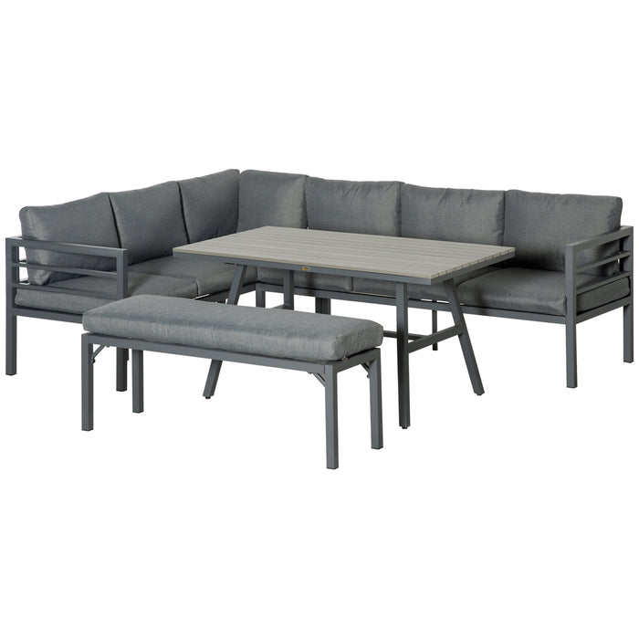 4PC Aluminium Patio Furniture Set Grey Outdoor Dining Sofa Sectional with Bench Table Cushions