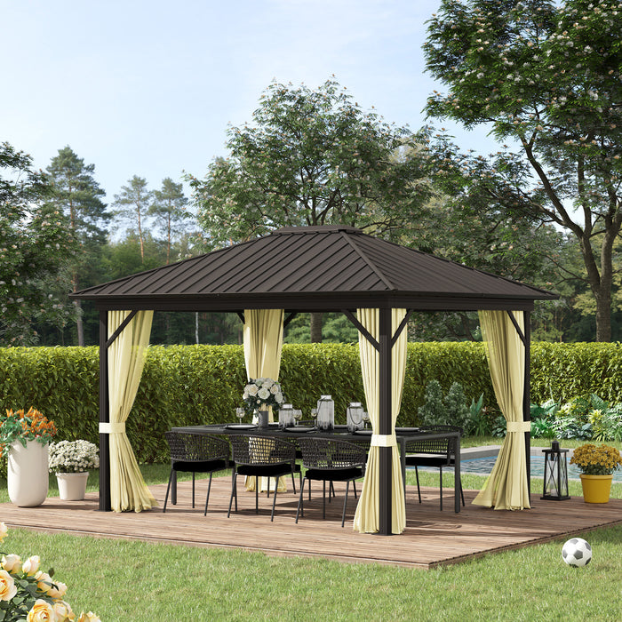 Cream Hardtop Gazebo: 11.9'x9.8' Metal Roof Canopy with Curtains & Netting Top