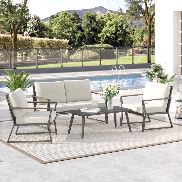 Aluminum Patio Furniture Set, 4-Piece, Cream White, Loveseat, Armchairs, Coffee Table