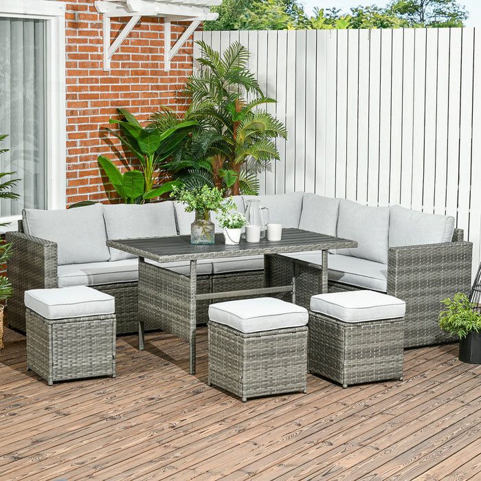 7 PCs Patio Wicker Furniture Set, Outdoor Sectional Furniture Conversation Sofa Set with Wood Grain Plastic Top Table, Mixed Gray