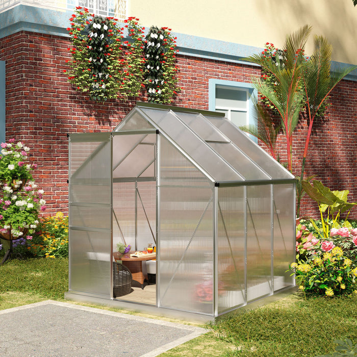 6'x6' Greenhouse with Polycarbonate, Heavy-Duty Greenhouse w/Adjustable Roof Vent, Rain Gutter and Sliding Door, Silver